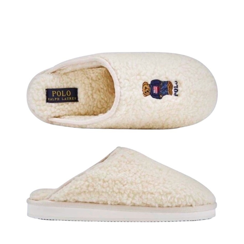 Polo‎ Ralph Lauren SZ 7 Kayleigh Scuff 2 Slippers Cream Sherpa Charlotte Bear